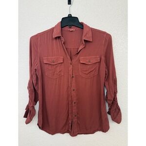 ana A‎ New Approach Womens PM Petite Rust Orange Rayon Utility Button Down Shirt